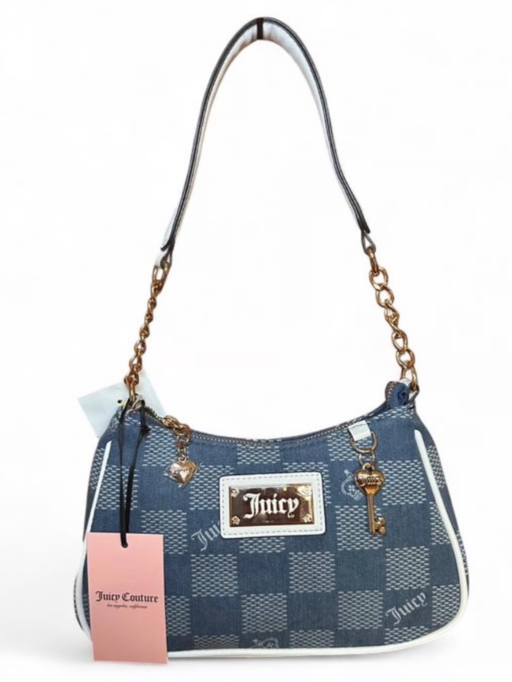 Juicy Couture Denim Blue Checker Shoulder Bag with Gold Accents